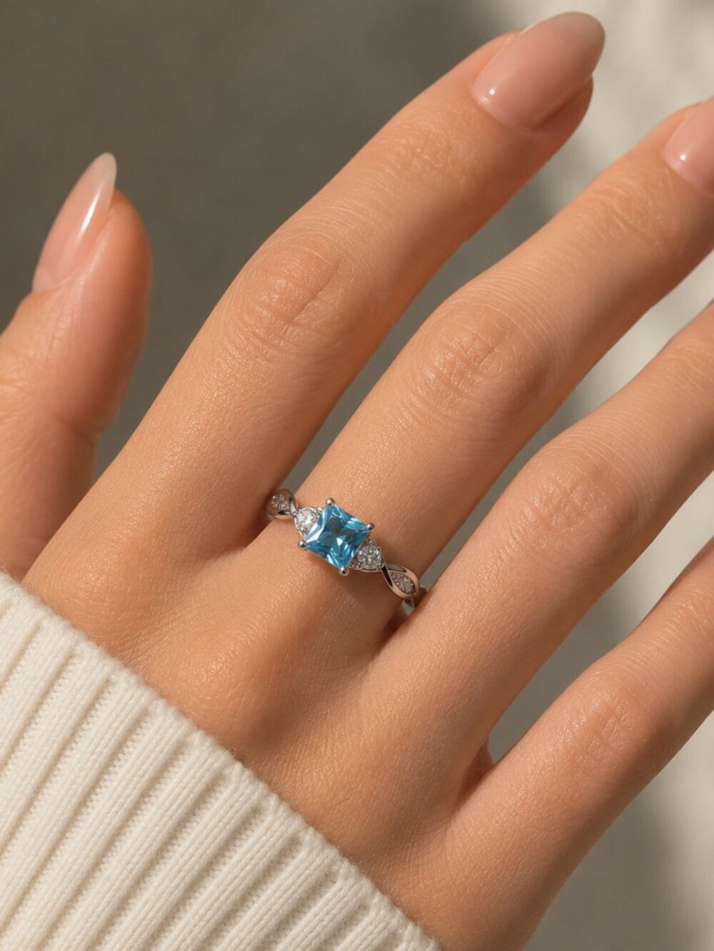 NEW 14k White Gold Blue Topaz Diamond Ring Princess Cut